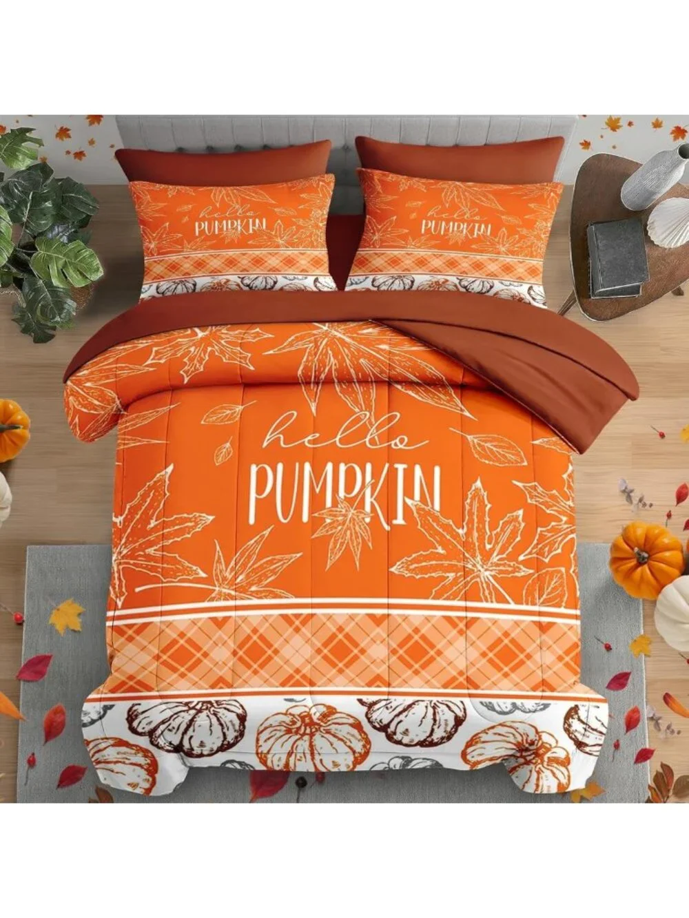 Cozy 7-Piece Queen Fall Comforter Set with Sheets - Orange Bedding for Autumn